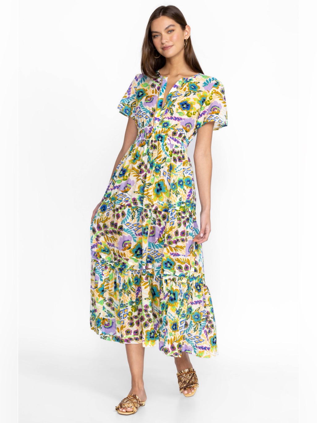 Johnny Was Workshop Ikat Bloom Pintuck Tiered Midi Dress Women’s Size Xs